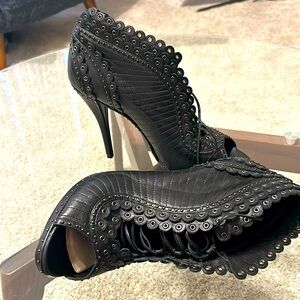 Christian Dior black lace up peep-toe stiletto heels with details EVERYWHER